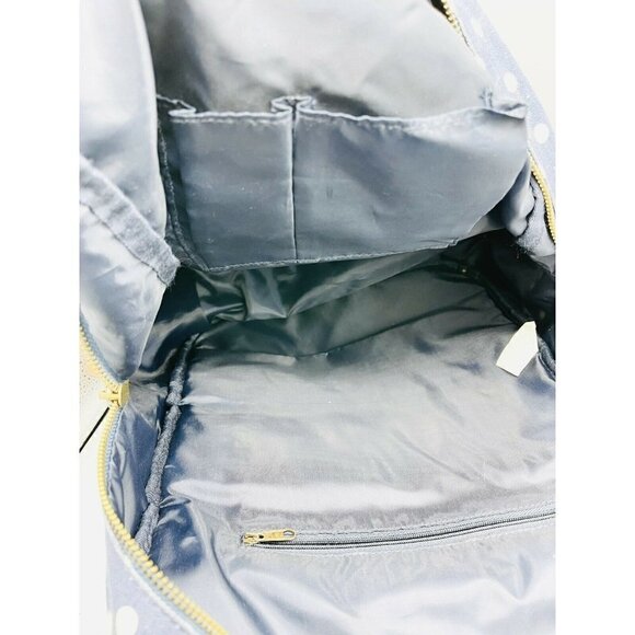 Navy Blue w White Polka Dots Backpack Cream Sparkle Trim Brown Faux Leather - Picture 9 of 9